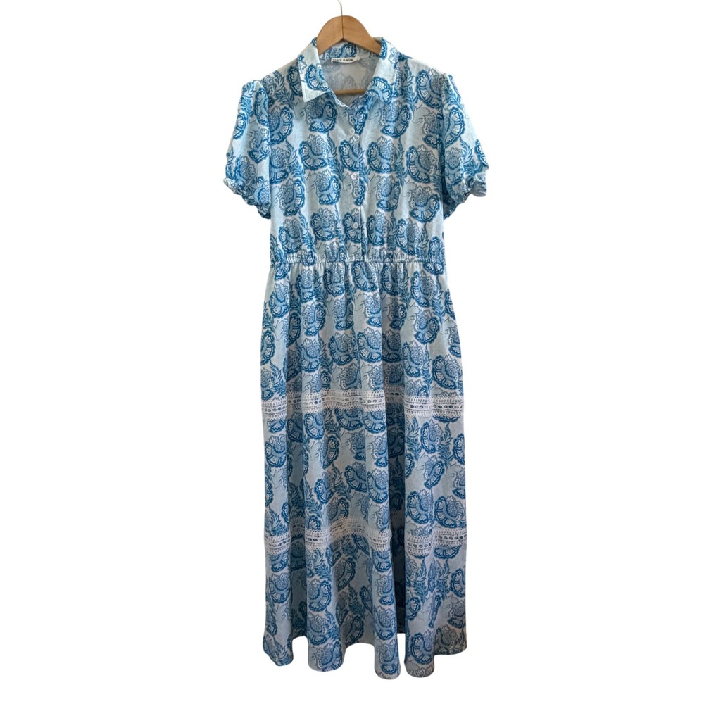 Grace Karin Blue White Floral Lace Tiered Maxi Dress XL Short Sleeve Button Up